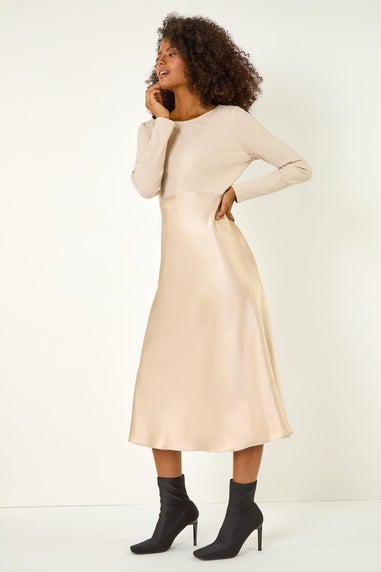 Dusk Beige Satin Bodycon Stretch Midi Dress