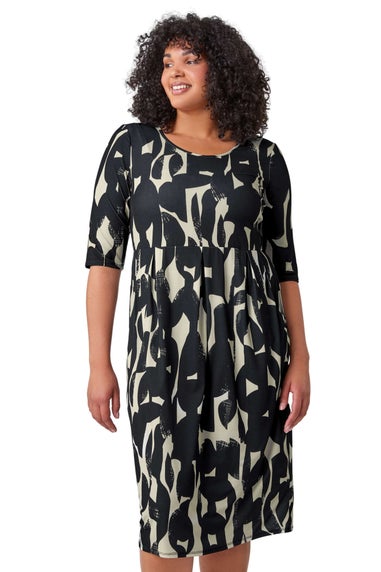 Roman Curve Black Curve Abstract Print Stretch Shift Dress