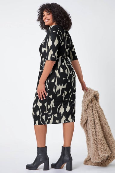 Roman Black Curve Abstract Print Stretch Shift Dress