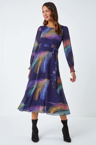 Roman Purple Feather Print Belted Midi Dress