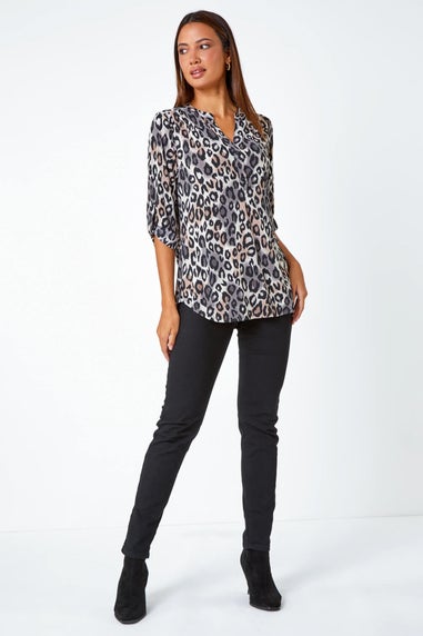 Roman Taupe Animal Print Stretch Blouse