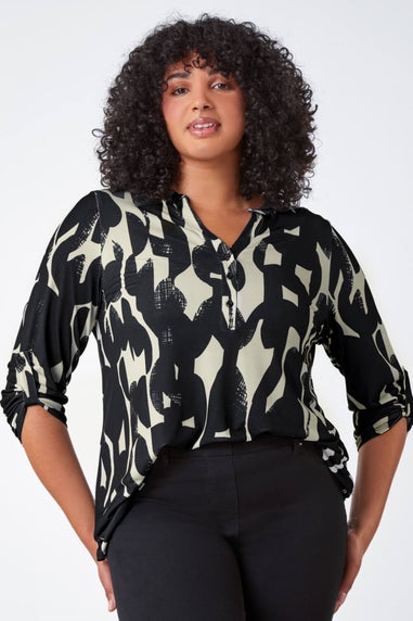 Roman Black Curve Abstract Print V-Neck Jersey Top