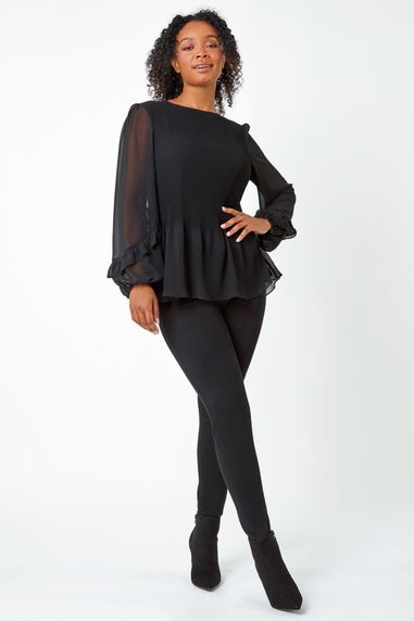 Roman Petite Black Petite Pleated Frill Detail Top