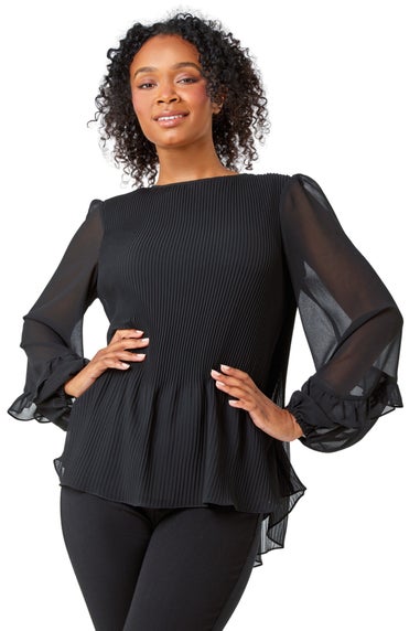 Roman Black Petite Pleated Frill Detail Top