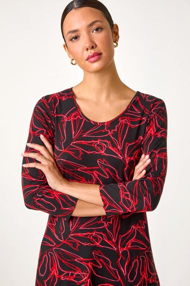 Roman Red Leaf Print Stretch Tunic Top