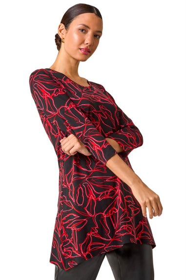 Roman Red Leaf Print Stretch Tunic Top