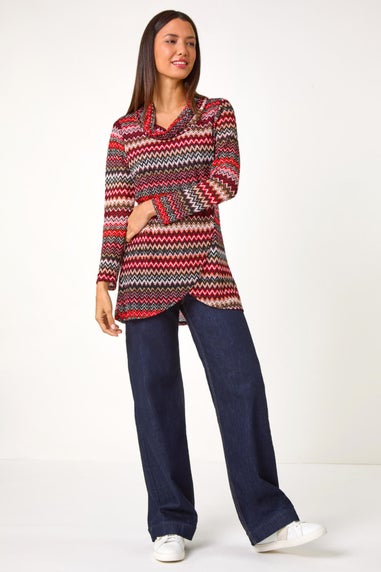 Roman Red Aztec Print Cowl Neck Stretch Top