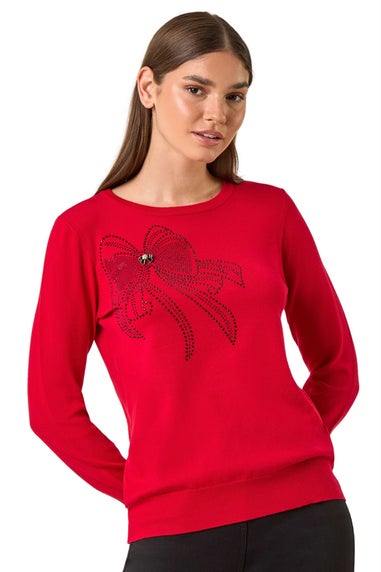 Roman Red Sparkle Bow Detail Crew Neck Jumper