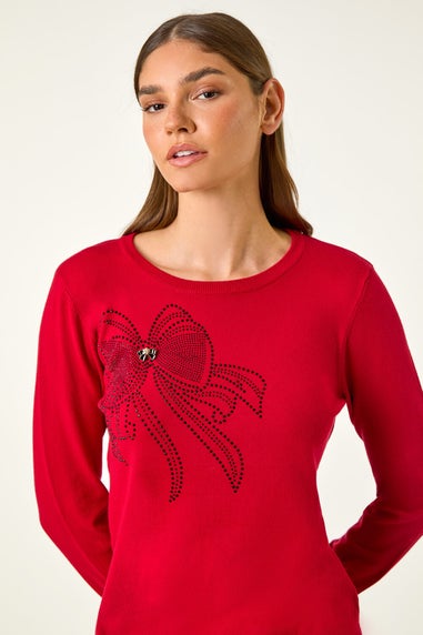 Roman Red Sparkle Bow Detail Crew Neck Jumper