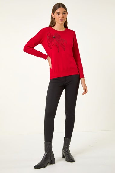 Roman Red Sparkle Bow Detail Crew Neck Jumper