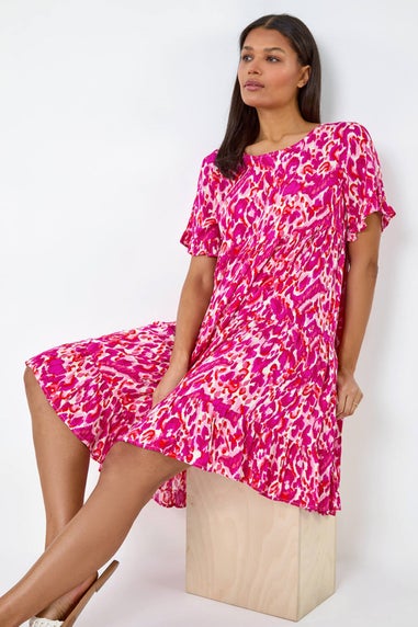 Roman Pink Abstract Print Tiered Smock Dress