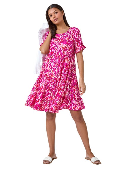 Roman Pink Abstract Print Tiered Smock Dress