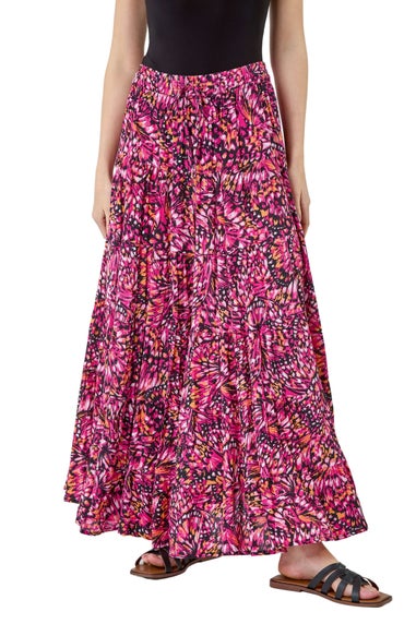 Roman Pink Butterfly Crinkle Tiered Maxi Skirt