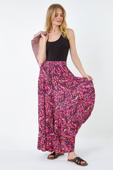 Roman Pink Butterfly Crinkle Tiered Maxi Skirt