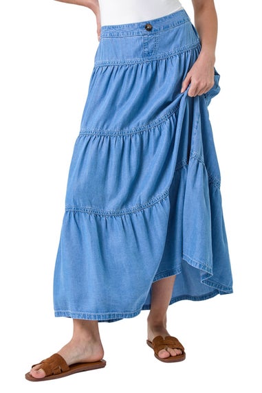 Roman Light Blue Denim Wash Tiered Maxi Skirt