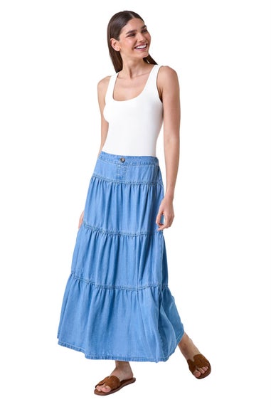 Roman Light Blue Denim Wash Tiered Maxi Skirt