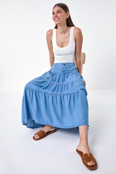 Roman Light Blue Denim Wash Tiered Maxi Skirt