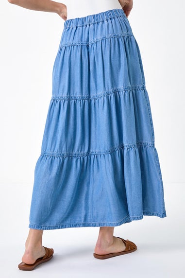 Roman Light Blue Denim Wash Tiered Maxi Skirt