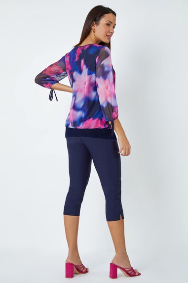 Roman Navy Floral Print Bubble Hem Stretch Top