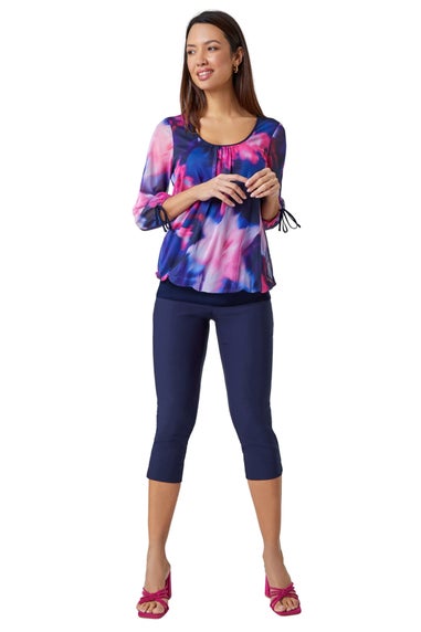 Roman Navy Floral Print Bubble Hem Stretch Top