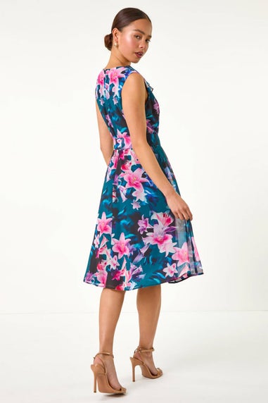 Roman Navy Petite Frill Detail Floral Dress