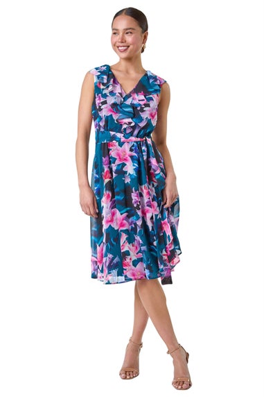 Roman Navy Petite Frill Detail Floral Dress