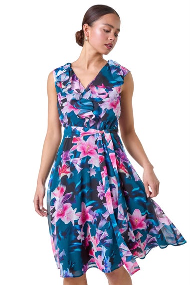 Roman Navy Petite Frill Detail Floral Dress