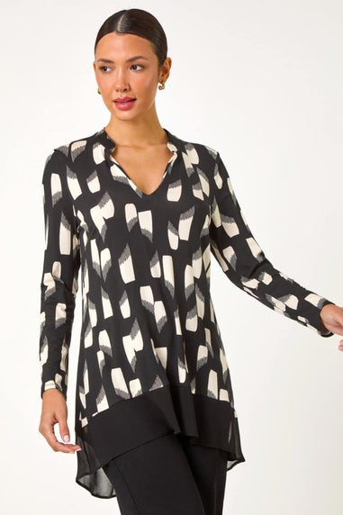 Roman Black Abstract Print Chiffon Hem Stretch Top