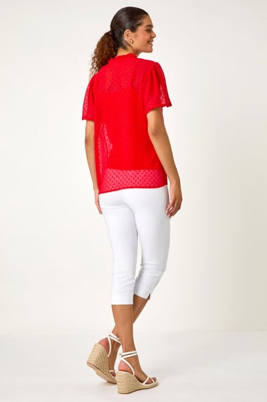 Roman Red Textured Spot Lace Trim Blouse