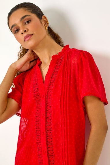 Roman Red Textured Spot Lace Trim Blouse