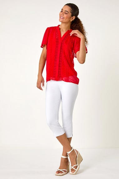 Roman Red Textured Spot Lace Trim Blouse