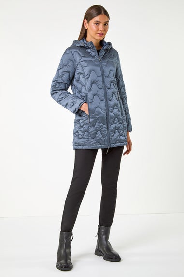 Roman Steel Blue Wave Quilted Puffer Hooded Coat