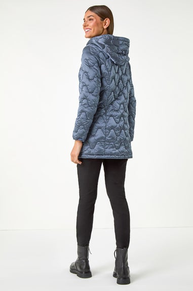 Roman Steel Blue Wave Quilted Puffer Hooded Coat