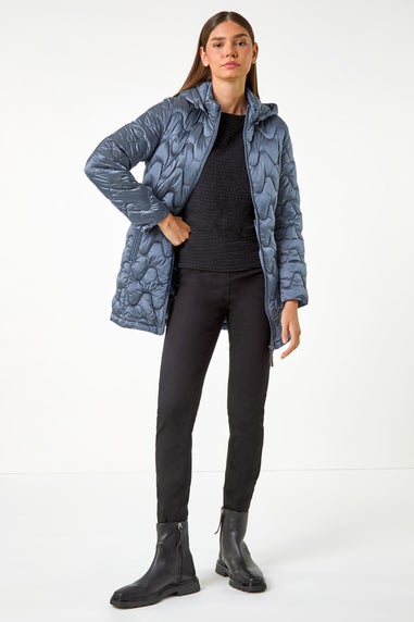 Roman Steel Blue Wave Quilted Puffer Hooded Coat