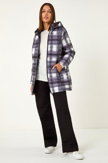 Roman Black Check Print Quilted Puffer Coat