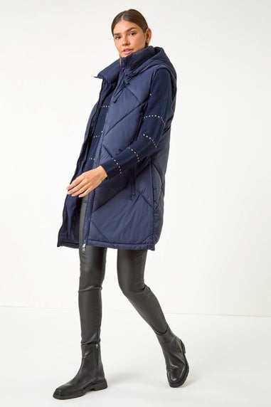 Roman Midnight Blue Longline Quilted Hooded Gilet