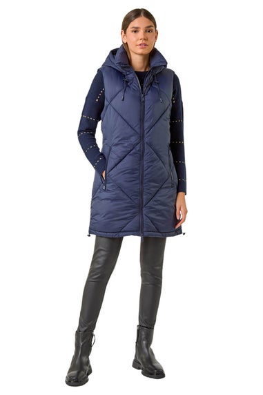 Roman Midnight Blue Longline Quilted Hooded Gilet