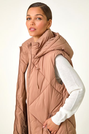 Roman Taupe Longline Quilted Hooded Gilet