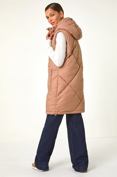 Roman Taupe Longline Quilted Hooded Gilet