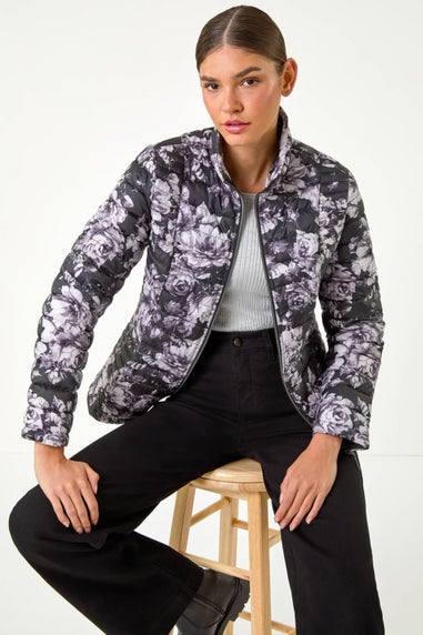 Roman Grey Floral Print Lightweight Quilted Coat