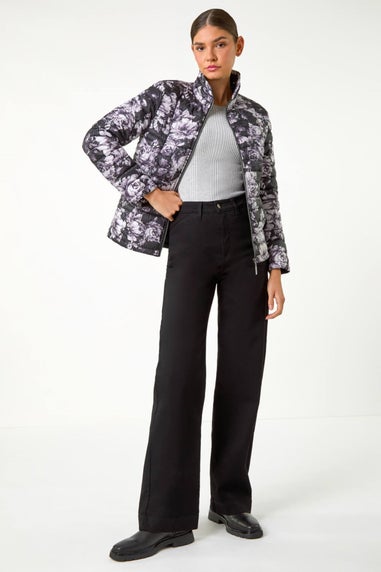 Roman Grey Floral Print Lightweight Quilted Coat