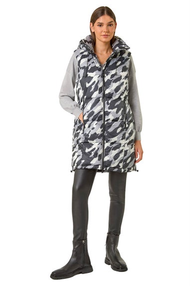 Roman Light Grey Camo Print Longline Hooded Gilet