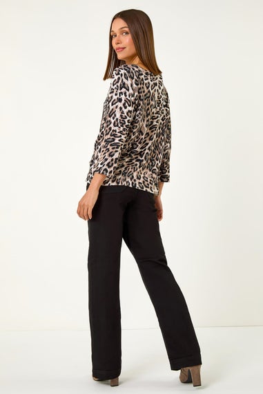 Roman Taupe Animal Print Embellished Neck Jumper