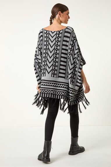 Roman Light Grey Tribal Pattern Fringe Poncho Jumper