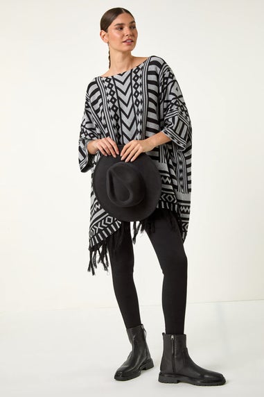 Roman Light Grey Tribal Pattern Fringe Poncho Jumper