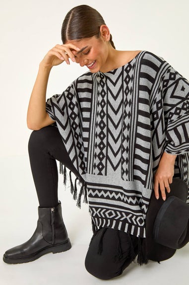 Roman Light Grey Tribal Pattern Fringe Poncho Jumper