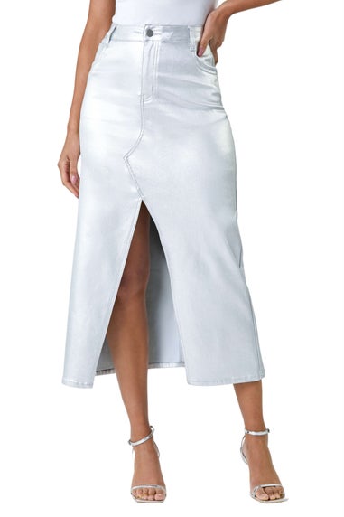 Roman Silver Metallic Shimmer Stretch Midi Skirt
