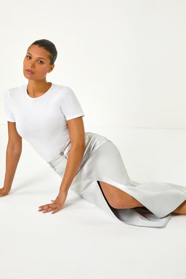 Roman Silver Metallic Shimmer Stretch Midi Skirt