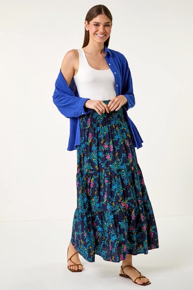 Roman Navy Floral Shirred Tiered Multiway Skirt Dress