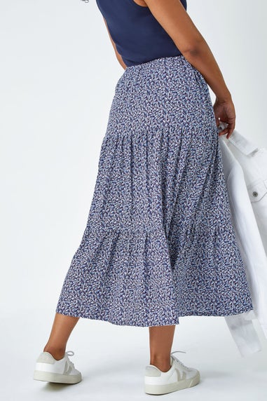 Roman Navy Petite Ditsy Print Tiered A Line Midi Skirt